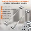 Two metal tools are shown with a stack of metal rods in the foreground. Text overlays describe the features of the tools. Produktbild-Vorschau