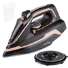 A cordless steam iron with its charging base and a water measuring cup, displayed on a white background. Produktbild-Vorschau