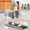 A woman is walking on a pink treadmill in a room. There are overlays showing fitness metrics. Produktbild-Vorschau