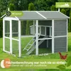 A chicken coop with an attached run, set in a grassy outdoor environment with trees in the background. Produktbild-Vorschau