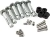 A collection of metal anchor bolts and screws, along with black rubber spacers, arranged on a white background. Produktbild-Vorschau