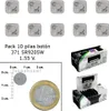 A collage of product images showing button batteries in blister packs, a scale with a coin for size comparison, and a display box of batteries. Podgląd zdjęcia produktu