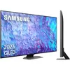 A Samsung QLED TV is shown from a front-side angle on a white background, with a side view of another TV to the right. Produktbild-Vorschau