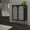 A black display cabinet with glass doors stands in a room with a chair and a rug. Náhľad obrázku produktu
