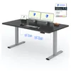 A black standing desk with two computer monitors, a tablet, a keyboard, and a mouse, shown with a diagram illustrating its lifting mechanism. Anteprima dell’immagine prodotto