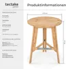A wooden round table with legs, shown with measurement lines and product information text. Produktbild-Vorschau