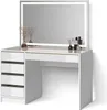 A white vanity table with a large LED mirror and gold accents, set against a white background. Produktbild-Vorschau