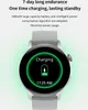 A smartwatch displaying a charging screen with text describing its battery life and charging capabilities. Náhled obrázku produktu