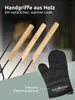 Close-up of fireplace tools with wooden handles and a black oven mitt, with text overlay. Produktbild-Vorschau
