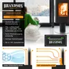 A woman and her dog are looking out a window at a snowy landscape, with a fireplace in the background. The image also includes diagrams illustrating the product's function. Produktbild-Vorschau