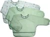Three baby bibs with long sleeves are stacked on top of each other. Produktbild-Vorschau