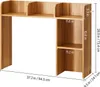 A diagram showing the dimensions of a wooden desk shelf organizer. Voir les images du produit