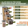 A collection of clear plastic food storage containers of various sizes, displayed with their contents and labeled with their capacities and intended uses. The background is a gradient of green and beige, with text overlays detailing product features and be Anteprima dell’immagine prodotto
