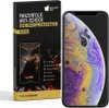 A product box for a screen protector is shown next to a smartphone with a colorful screen. Produktbild-Vorschau