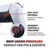 A close-up view of a white and black video game controller with red and brown thumbstick attachments, highlighting features with text overlays. Produktbild-Vorschau