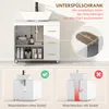 A bathroom vanity cabinet with a sink and faucet, along with instructional diagrams and text. Produktbild-Vorschau