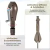 Close-up of umbrella pole mechanism and a folded umbrella, with text describing features. Náhled obrázku produktu