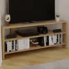 A corner TV stand with a TV, game console, controllers, and books. Produktbild-Vorschau