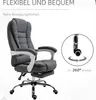 A grey office chair with a footrest is shown with marketing text and a diagram illustrating its 360-degree rotation. Náhled obrázku produktu
