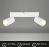 A white ceiling light fixture with two adjustable spotlights against a plain gray background. Produktbild-Vorschau