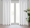 Two white curtains are hung on a curtain rod in front of a window. A potted plant is visible to the right of the curtains. Produktbild-Vorschau
