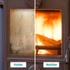 A split image showing a dirty stove glass on the left and a clean, burning stove on the right. Produktbild-Vorschau