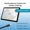 A tablet is shown with marketing text and feature callouts. Produktbild-Vorschau