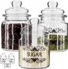 Three glass jars with lids, filled with coffee beans, tea leaves, and sugar, are arranged on a white background. Smaller versions of the jars are visible in the foreground. Produktbild-Vorschau