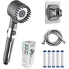 A collage of a shower head, hose, filter cartridges, and a shower head holder. Produktbild-Vorschau