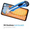 A screen protector is shown on a smartphone with a utility knife attempting to scratch it, demonstrating its durability. Text overlays highlight features. Produktbild-Vorschau