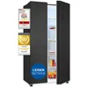 A black side-by-side refrigerator with its doors open, showing shelves and food items inside. Several award badges are attached to the left door. Produktbild-Vorschau