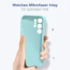 A hand holding a light blue phone case, with text describing its features. Produktbild-Vorschau