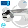 Close-up of a chrome faucet part with a white insert, set against a white and light gray background with branding and informational overlays. Produktbild-Vorschau