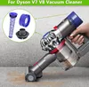 A hand holding a Dyson V7 V8 vacuum cleaner, with cleaning accessories shown in a circle in the top left corner. Produktbild-Vorschau