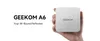 A hand holding a white GEEKOM A6 mini PC with text overlay. Produktbild-Vorschau