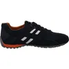 A side view of a navy blue GEOX men's leather sneaker with orange accents. Anteprima dell’immagine prodotto
