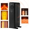 A collage of images showcasing a black oil-filled radiator heater, its internal heating elements, and diagrams illustrating its features and heat distribution. Produktbild-Vorschau