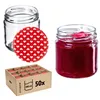 A collection of glass jars with red and white heart-patterned lids, some filled with jam, and a box containing 50 jars. Voir les images du produit