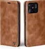 A brown leather flip case for a Xiaomi Redmi 10C phone is shown from two angles. Produktbild-Vorschau