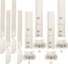 A collection of white refrigerator door hinge mounting parts arranged on a white background. Produktbild-Vorschau