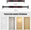 The image shows two pull-up bars of different lengths, with measurements indicated, followed by images of four different door frames. Text in German states that the product fits most door frames. Produktbild-Vorschau