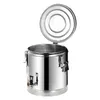 A stainless steel food warmer with its lid open and a spigot visible. Voir les images du produit