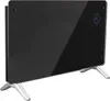 A black glass panel heater with silver legs is shown against a white background.