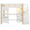 A white and wood loft bed with stairs and built-in shelves. Produktbild-Vorschau