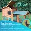 Two wooden rabbit hutches are shown outdoors, with text overlays and graphics indicating good ventilation. Produktbild-Vorschau