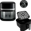 A black Russell Hobbs air fryer with its basket and grill rack shown separately, along with a dishwasher safe parts icon. Produktbild-Vorschau