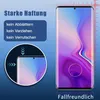 Marketing image for a phone screen protector, showing its features and a phone. Produktbild-Vorschau