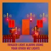 A stylized depiction of a house with several lights flashing red and emitting warning symbols, suggesting an alarm system. Produktbild-Vorschau