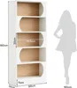 A diagram showing the dimensions of a white bookshelf with wooden shelves, alongside a silhouette of a person for scale. Produktbild-Vorschau