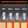 A display of four different types of cutting heads for a woodworking tool, with examples of their use on wood. Produktbild-Vorschau